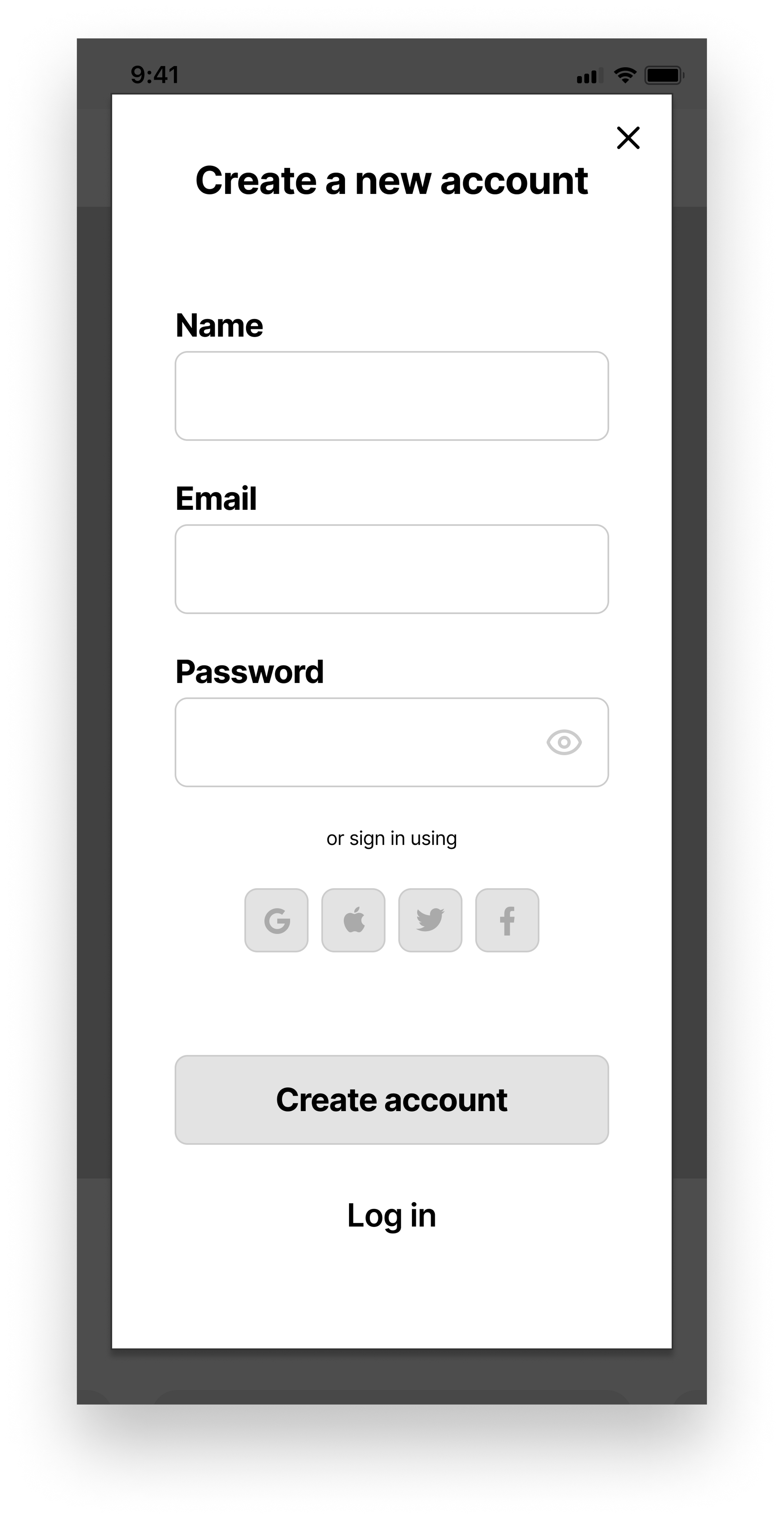 The 'Create an account' screen